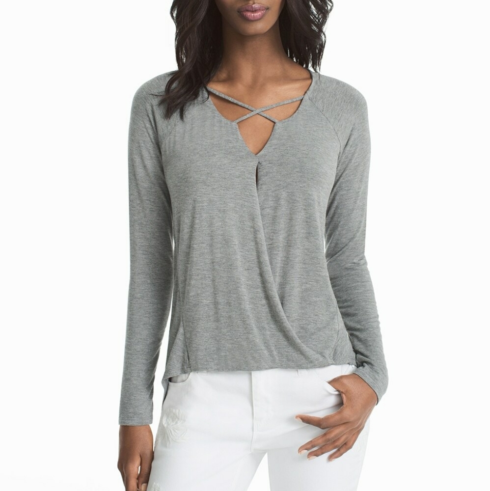 WHBM Gray Hi-low Crisscross Long Sleeve